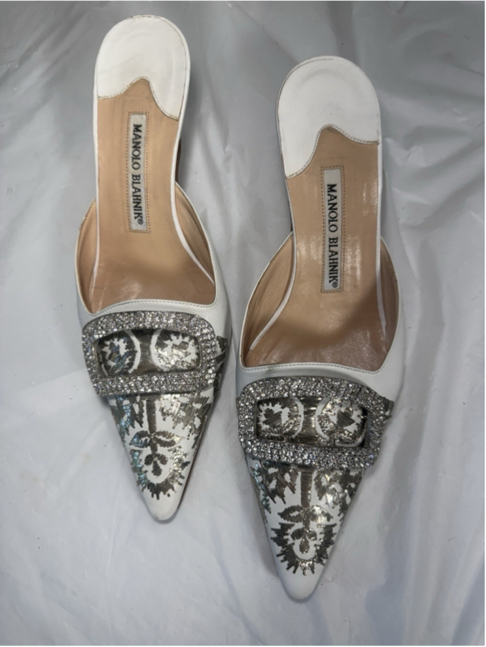 Manolo Blahnik Leather Mules White Graphic Print Crystals - Picture 13 of 14